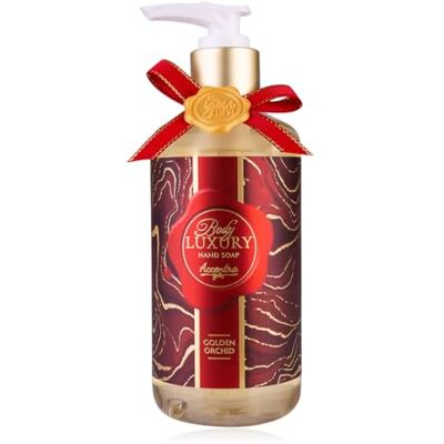 accentra zeepdispenser met handzeep BODY LUXURY vloeibare zeep in pompdispenser, geur: Golden Orchid, damescadeau Kerstmis met rode strik accentra zeepdispenser met handzeep BODY LUXURY vloeibare zeep in pompdispenser, geur: Golden Orchid, damescadeau Kerstmis met rode strik