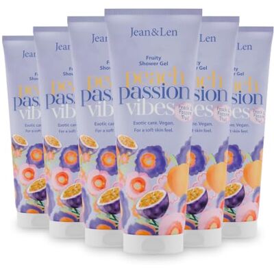 Jean & Len douchegel perzik & passievrucht, veganistisch, 6 x 250 ml Fruitige douchegel met een exotische geur van perzik en passievrucht, milde reiniging voor een voelbaar zachte huid, zonder Jean & Len douchegel perzik & passievrucht, veganistisch, 6 x 250 ml Fruitige douchegel met een exotische geur van perzik en passievrucht, milde reiniging voor een voelbaar zachte huid, zonder