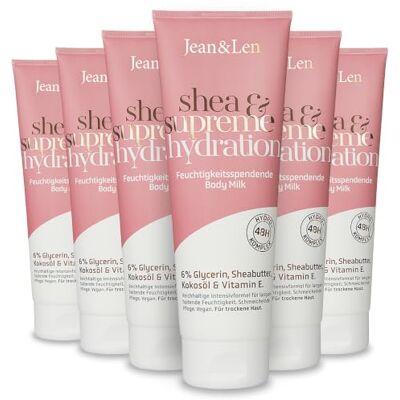 Jean & Len Body Milk shea & supreme hydration, vegan, 6 x 250 ml Voor de droge huid, hydrateert de huid 48 uur lang, met vitamine E, romige textuur, ruikt naar kokos Jean & Len Body Milk shea & supreme hydration, vegan, 6 x 250 ml Voor de droge huid, hydrateert de huid 48 uur lang, met vitamine E, romige textuur, ruikt naar kokos