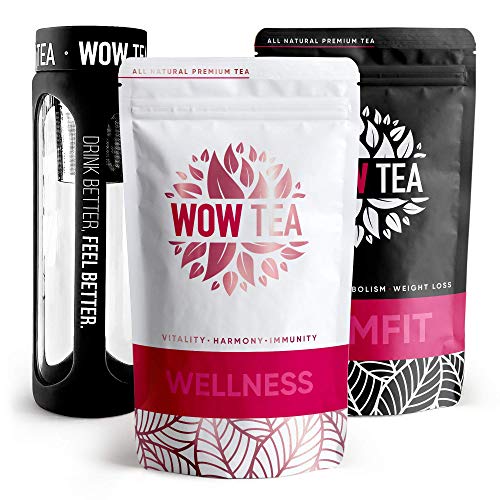 WOW TEA Reinigingsset: Detox 21 dagen thee   Vetverbrandende thee voor gewichtsverlies   Beste biologische kruidenthee voor detox en gewichtsbeheersing   Zetgroepfles   300g, Made in EU (SlimFit & Wellness, Zwarte Fles)