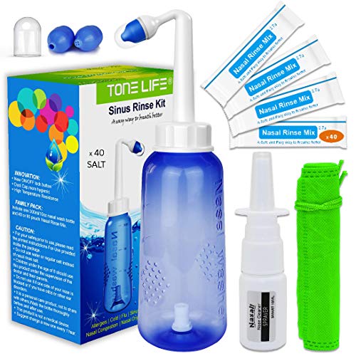 TONELIFE Neti Pot, Sinus Spoeling Kit + 40Packets Neuszout+Hydraterende neusspuit Neti Pot Sinus Spoeling -Sinus Spoeling 300ml Nasal Spoeling Kit met Sinus Spoel Sachets voor Volwassen Kinderen