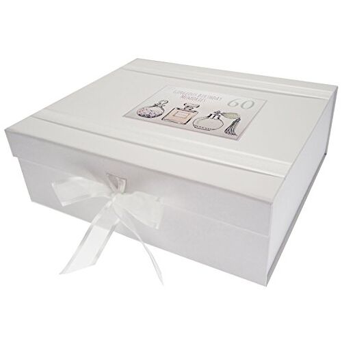 WHITE COTTON CARDS herinneringsdoos voor 60e verjaardag, groot, parfumflessen, wit