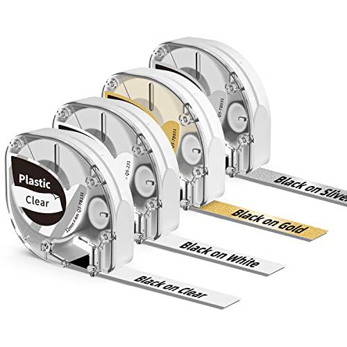Phomemo 4 x  P12 & P12-Pro labeltape, 12 mm x 4 m, zwart op transparant, wit, goud, zilver, etiketten voor  P12 etiketteerapparaat, zelfklevend & Dymo Lt-100h Lt-110t Qx50 Xr 2000