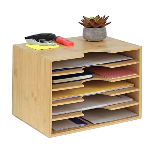 Relaxdays brievenbak bamboe, bureau organizer voor A4, 5 vakken, sorteerbak brieven, HBD: 23,5 x 32,5 x 24 cm, natuur