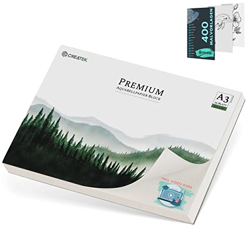 CreaTek aquarelpapier A3 300g [ incl. 2 uur video training ] 25 vel aquarelpad A3 + 400 schildersjablonen [ natuurwit schilderijpad A3 ] aquarelpapier A3, extra sterk schilderpapier DIN A3 aquarelpapier