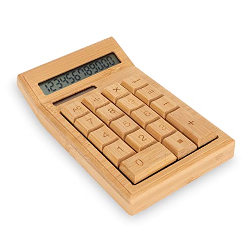 Gugxiom Bamboo Solar Calculator, CS19 Bamboo Desk Calculator, 18 Keys Mechanical Calculator, Dual Power 12 Digit LCD Display, voor Office Home School