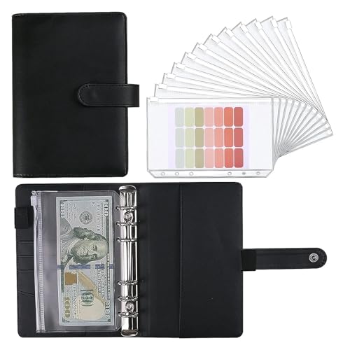 WAOCEO Financieel Planner A6 Bindmiddel Spaarplan Budgetboek 12 Geldenveloppen Gekleurd PU-leer Notebookbinder 12 A6 Bindmiddelzakken Organisator van financiële planners (Color : A7-black)