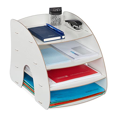 Relaxdays brievenbak, bureau organizer voor A4, 4 vakken, sorteerbak brieven, H x B x D: 27 x 25,5 x 34,5 cm, wit