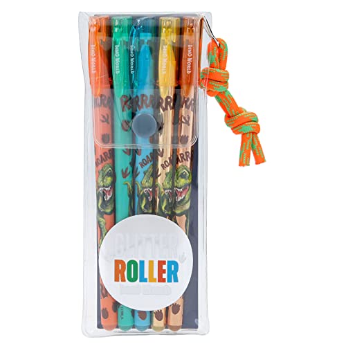 Depesche 11386 Dino World Glitter gelpen set, 5 gelpennen in goud, brons, oranje, blauw en groen, om te schrijven en te decoreren,5 stuk (1er-pakket),Multi kleuren