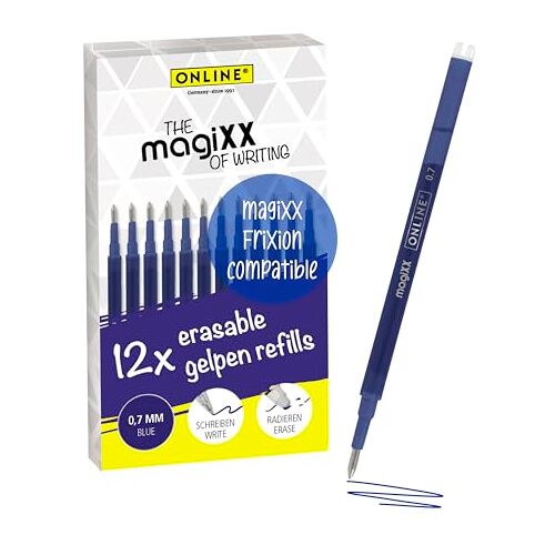 Online Magic XX Uitwisbare vullingen, compatibel met Pilot Frixion, magiXX, blauw 0,7 mm lijndikte, reservevulling voor gelpen, uitwisbaar, navullingen voor gelrollerball met uitwisbare inkt