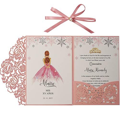 KUCHYNEE Roze bruiloftsuitnodigingskaarten met parel, 20 stuks, lasergesneden, Flora, Tri-Fold zijden lint, bruidsfeesten, bruiloften, uitnodigingskaarten, inclusief enveloppen (rood roze)