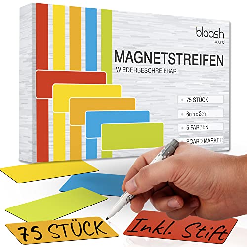 blaash 75 magneetstrips 60 x 20mm beschrijfbaar   magneten voor whiteboards, koelkasten, magneetborden en metalen oppervlakken   incl. pen & gum   kleurrijke magneetborden (75 magneetstrips 60 x 20)