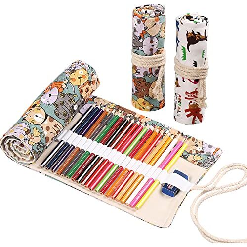 RoadLoo Canvas pennenrol, 2 stuks 48 gaten canvas pennenzak pennenzak canvas potlood kleurpotloden pennenetui draagbaar dier etui pennenhouder potlood wrap roll up houder, wit, Hoge capaciteit