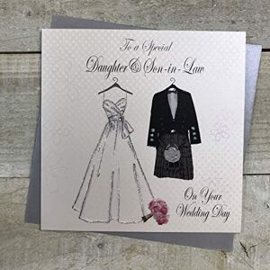 WHITE COTTON CARDS Witte katoenen kaarten naar een speciale dochter & zoon-in-law dag, handgemaakte Schotse trouwkaart (bruid jurk & Kilt) WHITE COTTON CARDS Witte katoenen kaarten naar een speciale dochter & zoon-in-law dag, handgemaakte Schotse trouwkaart (bruid jurk & Kilt)