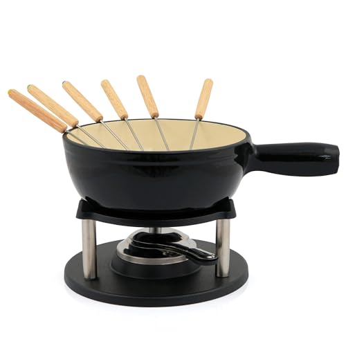 BBQ-Toro Gietijzeren fondueset voor 6 personen, 2 liter, fondueset 9-delig met brander en vorken, fondueset, kaasfondueset, vleesfondueset, chocoladefondueset (zwart/crème geëmailleerd)