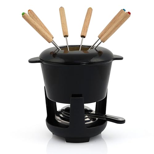 BBQ-Toro Gietijzeren fondueset voor 6 personen, 1 liter, 13-delige fondueset met brander en vorken, fondueset, kaasfondue-set, vleesfondue-set, chocoladefondueset (zwart/crème geëmailleerd)