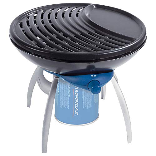 CAMPINGAZ Party grill, kleine grill voor camping of picknick, campinggrill met flexibele kookmogelijkheden, gaskoker met anti-aanbaklaag grillplaat en pannendrager, blauw, 15 x 3 x 15 cm