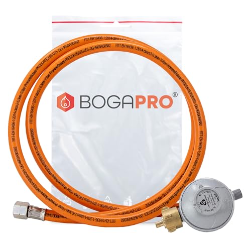 BOGAPRO Set van propaangaslang 150 cm en gasdrukregelaar 50 mbar, drukregelaar gas 1/4 inch linkse schroefdraad, gasslang en drukregelaar incl. polyzak, polyvinylchloride (pvc)