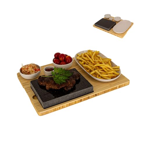 CAWI Lavasteen steakplank, serveerplaat, bamboeplank met Hot Stone grill, steak grillplaat, stenen plaat, tafelgrill set