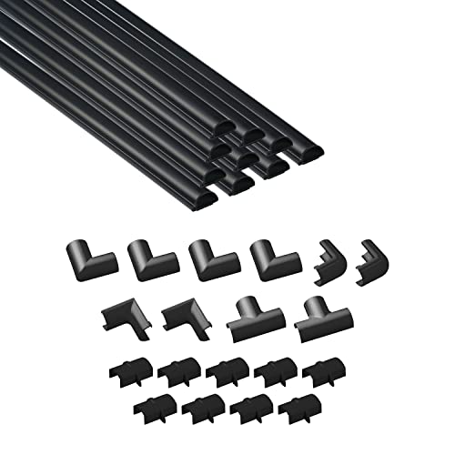 D-line Multipack met 4 meter kabelgoten van , halfronde kabelgoten, kunnen worden geschilderd, zelfklevende snoerbeschermer – 10 x 20 mm (B) x 10 mm (H) x 40 cm lang en 19 accessoires – zwart