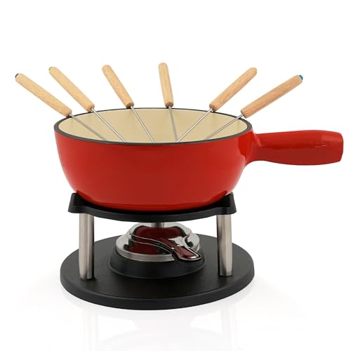 BBQ-Toro Gietijzeren fondueset voor 6 personen, 2 liter, fondueset 9-delig met branders en vorken, fondueset voor kaasfondue, vleesfondueset, chocoladefondueset (rood/crème geëmailleerd)