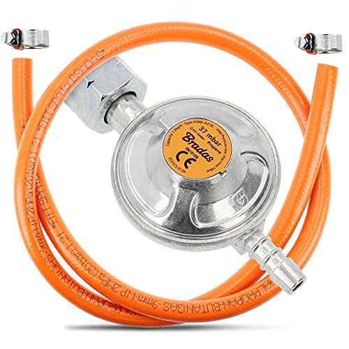 Instalguru BRADAS® Gasregelaar, drukregelaar 37 mBar 1,5 kg/h met gasslang 1 m lengte + 2 slangklemmen propaan butaangasaansluitset   grill camping gasdrukregelaar gasdrukregelaar gasfles