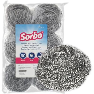 Sorbo Pannenspons RVS Sterke en Extra Grote RVS Schuurspons voor Hardnekkig Vuil, Geschikt voor Pannen, Ovenschalen, Grill en Barbecue, 60 gram, 6 stuks Sorbo Pannenspons RVS Sterke en Extra Grote RVS Schuurspons voor Hardnekkig Vuil, Geschikt voor Pannen, Ovenschalen, Grill en Barbecue, 60 gram, 6 stuks