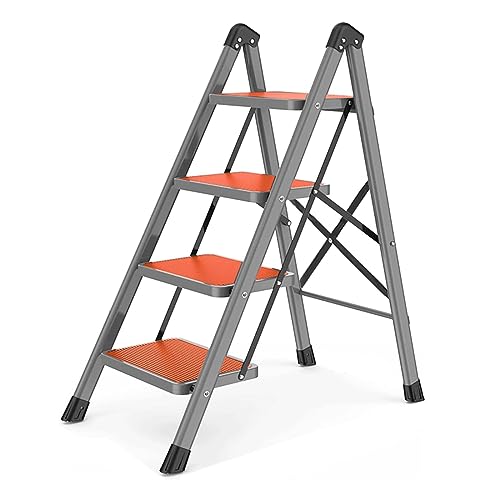 TIANJINHEZAI Trapladder 3-4 stappen ladder ijzer 2,7 inch slank profiel vouwladder met 15 inch anti-slip pedaalbelasting 150 kg/330 lb zolderladder (oranje 4 stappen)