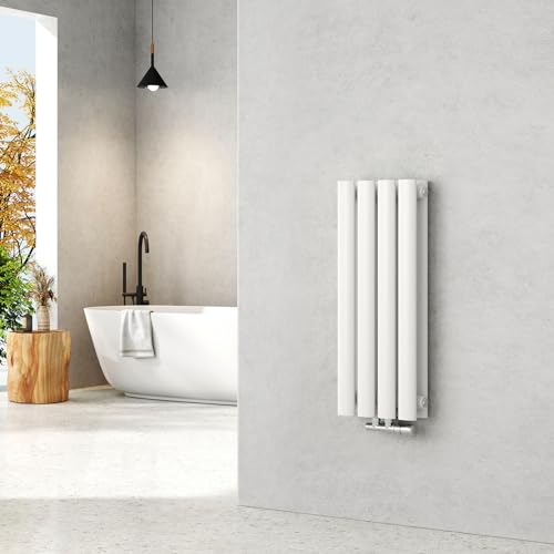 EMKE Kleine radiator, 600 x 240 mm, ovale paneelradiator met centrale aansluiting, verticale radiator, design, buisradiator, dubbellaags, wit, 248 watt