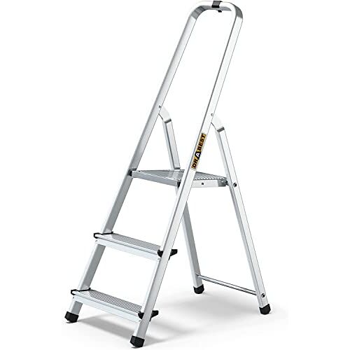 DRABEST Aluminium Huishoudladder met 3 Treden, Capaciteit 125kg Trapladder met Veiligheidsrail en Werkladderplatform – Ladders Multifunctioneel – Trapladders met 3 Treden – 40 x 121 x 12cm