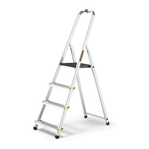 DRABEST PRO-SERIE LADDERS Aluminium Trapladder 4 en -Step Huishoudladder 150kg Aluminium Trapladder met Antislipvoeten & Werkladderplatform – Ladders Multifunctioneel – 43 x 145 x 12cm