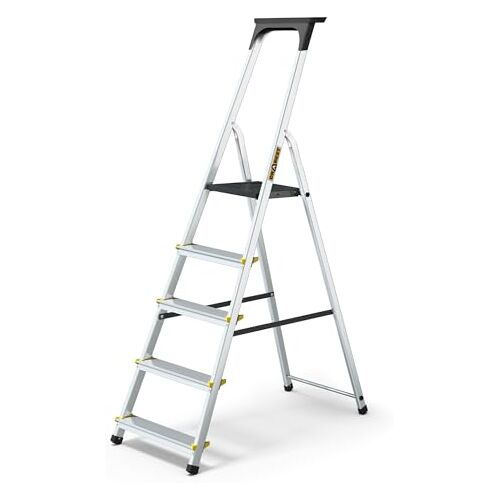 DRABEST PRO-SERIE LADDERS Aluminium Trapladder 5 en -Step Huishoudladder 150kg Aluminium Trapladder met Antislipvoeten & Werkladderplatform – Ladders Multifunctioneel – 45 x 168 x 12cm