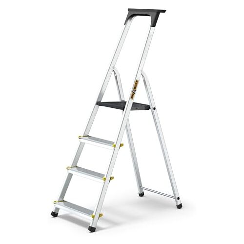 DRABEST PRO-SERIE LADDERS Aluminium Trapladder 4 en -Step Huishoudladder 150kg Aluminium Trapladder met Antislipvoeten & Werkladderplatform – Ladders Multifunctioneel – 43 x 145 x 12cm