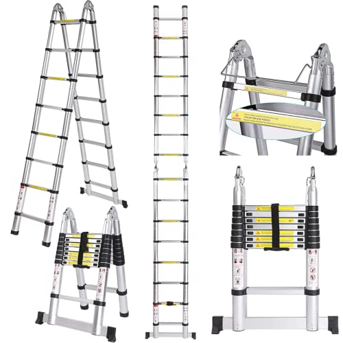Nictemaw Telescopische ladder, 5 m, van aluminium, belastbaar tot 150 kg, 2-in-1 vouwladder, multifunctionele ladder van aluminium, voor binnen en buiten