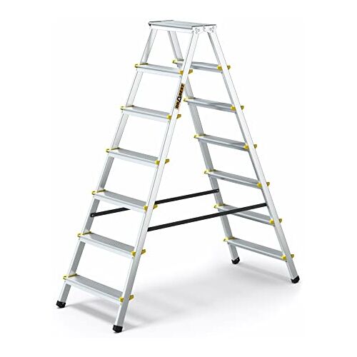 DRABEST PRO-SERIE LADDERS 2x7-Traps Aluminium Dubbelzijdige Huishoudladder 150kg – Aluminium Trapladder – Ladders Multifunctioneel – Opvouwbare Trapladder – 51 x 156 x 16cm