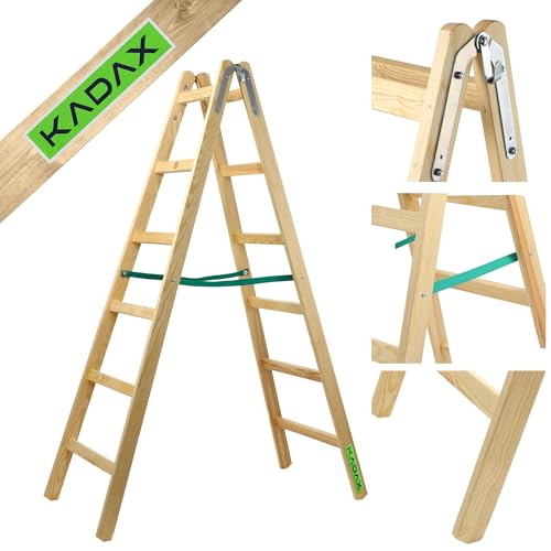 KADAX Houten ladder, bokladder tot 150 kg, inklapbare schilderladder, dubbele trapladder met stalen haken, elektrische ladder, staande ladder, huishoudladder (6 standen)