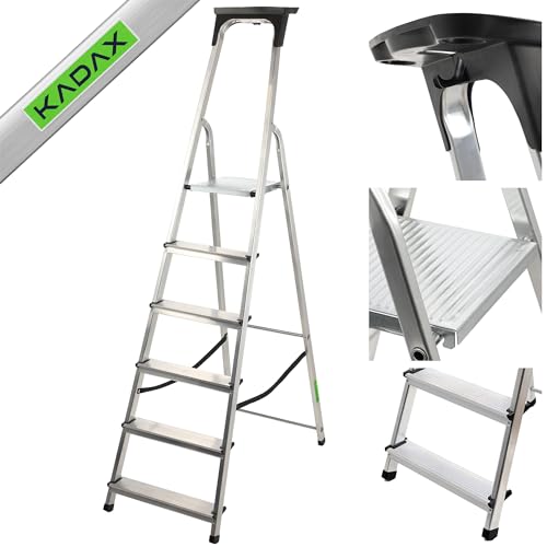 KADAX Aluminium ladder, staande ladder tot 125 kg, trapladder, vouwtrap voor senioren, aluminium veiligheidsladder, inklapbare ladder met plank, aluminium vouwladder, aluminium ladder (6 standen)