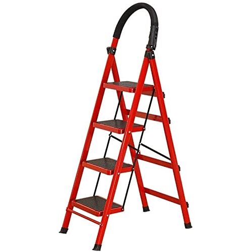 YYJYLYW Veiligheid belasting trapladder, opvouwbare anti-slip ladder zolder magazijn enkelzijdige trapladders 4 stappen ijzeren ladder trap (kleur: rood) gelukkig cadeau