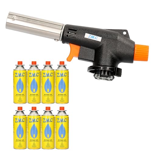 Z.M.C Gasbrander + 8x gaspatronen 227 g, flambeerbrander tot 1300 °C, bunsenbrander 1,3 kW, soldeerbrander, keukenbrander met instelbare vlam, vlamapparaat, blowtorch-branderopzetstuk