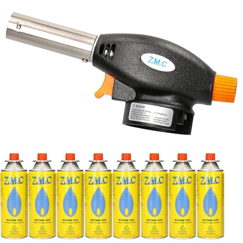 Z.M.C Gasbrander + 8 x gaspatronen, 227 g, vlambrander tot 1300 °C, bunsenbrander, soldeerbrander, keukenbrander met instelbare vlam, vlammenapparaat, blowtorch branderopzetstuk