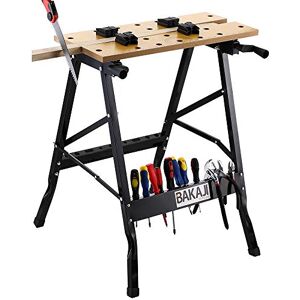 BAKAJI Werktafel met ezel voor verstekzaag met verstelbare klemmen, aluminium frame, inklapbaar en ruimtebesparend, capaciteit max. 100 kg, met houder voor gereedschap en geleiders BAKAJI Werktafel met ezel voor verstekzaag met verstelbare klemmen, aluminium frame, inklapbaar en ruimtebesparend, capaciteit max. 100 kg, met houder voor gereedschap en geleiders