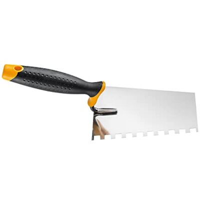 HARDY WORKING TOOLS troffel 16 x 11 cm, metselerstroffel serie 28. Getande troffel 6x6 mm van roestvrij staal met ergonomisch 2K-handvat voor pleisterwerk, gips, lijm en plamuur HARDY WORKING TOOLS troffel 16 x 11 cm, metselerstroffel serie 28. Getande troffel 6x6 mm van roestvrij staal met ergonomisch 2K-handvat voor pleisterwerk, gips, lijm en plamuur