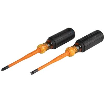 KLEIN TOOLS 33732INS 1000V slanke tip geïsoleerde schroevendraaier set, 2 Phillips en 1/4 inch kasttips, kussen grip handvat, 2-delig, zwart en oranje KLEIN TOOLS 33732INS 1000V slanke tip geïsoleerde schroevendraaier set, 2 Phillips en 1/4 inch kasttips, kussen grip handvat, 2-delig, zwart en oranje