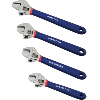 WORKPRO W003205 Verstelbare moersleutelset, chroom-vanadium stalen constructie, comfortabele antislip handgrepen, (4 stuks), zink WORKPRO W003205 Verstelbare moersleutelset, chroom-vanadium stalen constructie, comfortabele antislip handgrepen, (4 stuks), zink