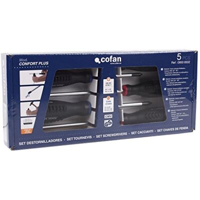 Cofan Set met 3 sleufschroevendraaiers en 2 Phillips-schroevendraaiers, model Comfort Plus, in speciale doos Cofan Set met 3 sleufschroevendraaiers en 2 Phillips-schroevendraaiers, model Comfort Plus, in speciale doos