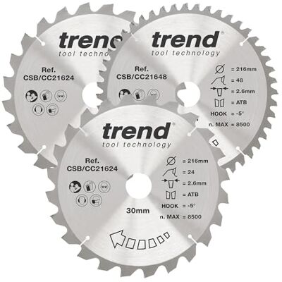 TREND Verstekzaagblad hout, diameter 216 mm, asgat 30 mm, 24/48 tanden, zaagbreedte 2,6 mm, haakhoek -5°, TCT, grove/fijne afwerking, 3 stuks, CSB/CC216/3/A TREND Verstekzaagblad hout, diameter 216 mm, asgat 30 mm, 24/48 tanden, zaagbreedte 2,6 mm, haakhoek -5°, TCT, grove/fijne afwerking, 3 stuks, CSB/CC216/3/A