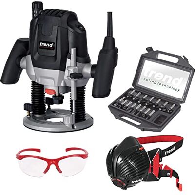 TREND T7 2100W Workshop Router Starter Set met 15-delige Cutter Set Inclusief T7-router, 15-delige snijset, P3-stofmasker en veiligheidsbril voor veiligere werkplaatsroutering, T7/STARTER/SET TREND T7 2100W Workshop Router Starter Set met 15-delige Cutter Set Inclusief T7-router, 15-delige snijset, P3-stofmasker en veiligheidsbril voor veiligere werkplaatsroutering, T7/STARTER/SET
