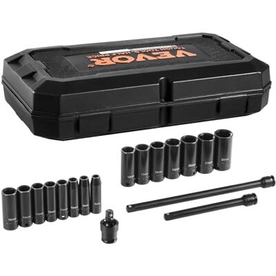 VEVOR Slagmoersleutelset, 9,5 mm, diepe kubus, 18-delig, metrisch, 29-38 mm, 6 punten van gelegeerd staal, met draagtas voor autoreparatie, zwart VEVOR Slagmoersleutelset, 9,5 mm, diepe kubus, 18-delig, metrisch, 29-38 mm, 6 punten van gelegeerd staal, met draagtas voor autoreparatie, zwart
