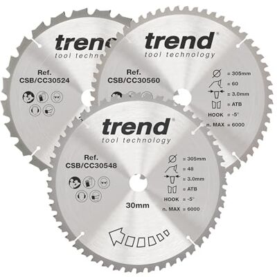 TREND Verstekzaagblad hout, diameter 305 mm, asgat 30 mm, 24/48/60 tanden, zaagbreedte 3,0 mm, haakhoek -5°, TCT, grove/middel/fijne afwerking, 3 stuks, CSB/CC305/3/A TREND Verstekzaagblad hout, diameter 305 mm, asgat 30 mm, 24/48/60 tanden, zaagbreedte 3,0 mm, haakhoek -5°, TCT, grove/middel/fijne afwerking, 3 stuks, CSB/CC305/3/A