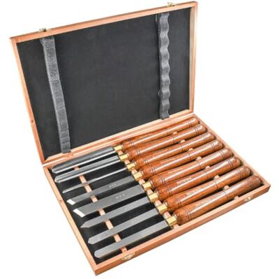 Faithfull HSS-draaibeitelset (8-delig) in houten kist Draaibeitels met handgrepen van walnotenhout, messing ringen en gepolijste bladen; 8-delige set Faithfull HSS-draaibeitelset (8-delig) in houten kist Draaibeitels met handgrepen van walnotenhout, messing ringen en gepolijste bladen; 8-delige set
